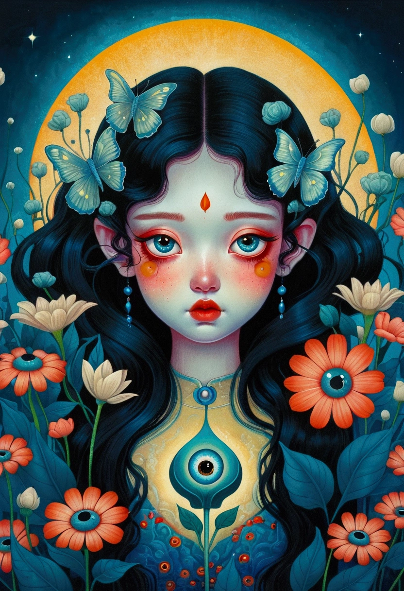 A poster，There is a flower with big eyes on it，Surrounded by flowers, Digital art inspired by Marco Mazzoni, Winner of the Behance competition, Psychedelic Art, Psychedelic illustration, beeple 和 james jean, Surrealism psychedelic design, psychedelic Surrealism art, Surrealism + Very detailed, Surrealism design, Psychedelic cosmic horror, Beeple 和 Jeremiah Ketner, Complex artwork. Neon eyes