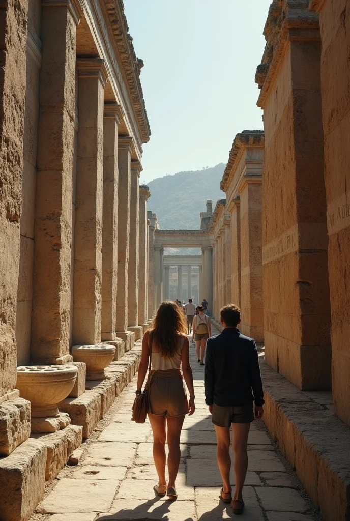 Visual: Modern-day visitors exploring Pompeii, intercut with artifacts displayed in museums.
