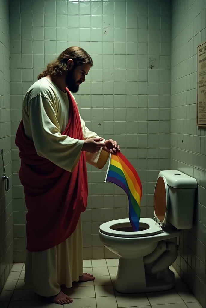 Jesus pisses off who throws the multi-colored LGBT flag in the toilet
