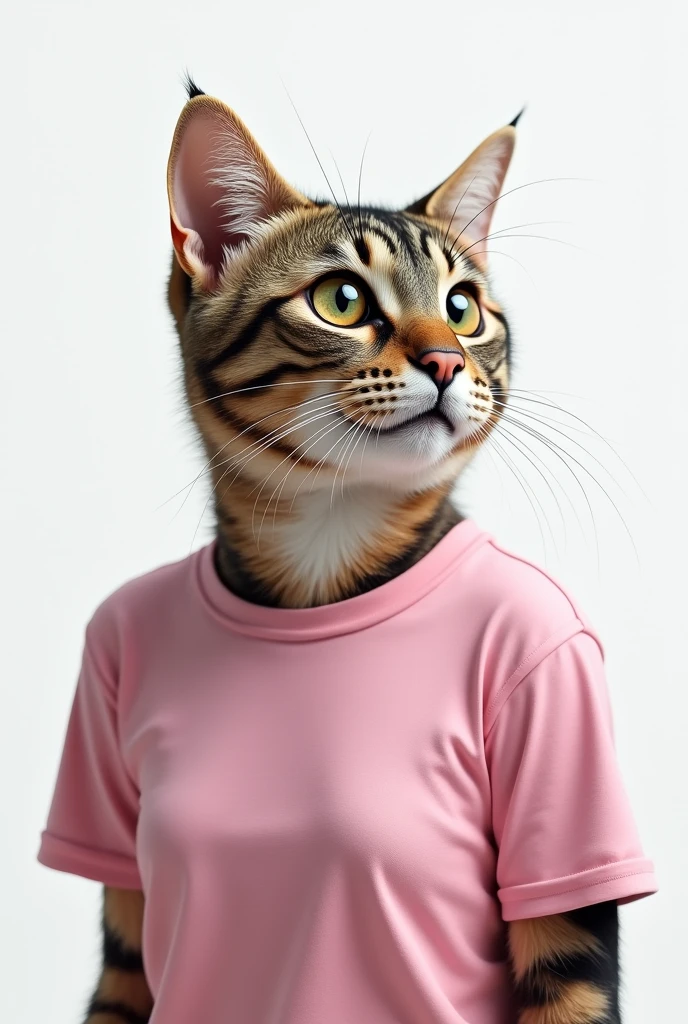 "A adult female cat. Looking straight ahead looks like a litle a human wearing pink  t-shirt. Background white. Cat face surprise and looking to her right 