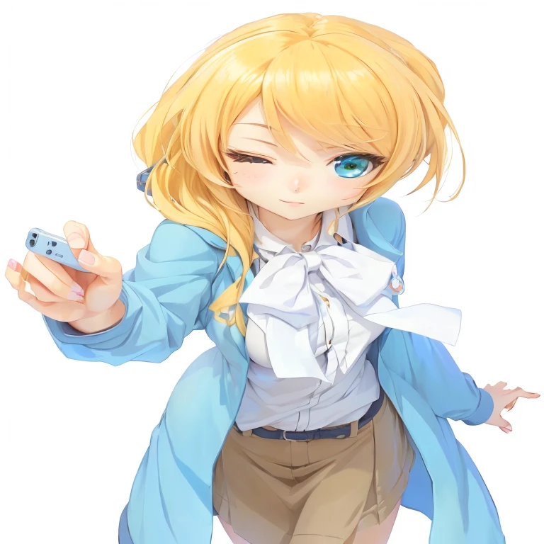 anime girl with blonde hair and blue jacket holding a cell phone, anime girl named lucy, with index finger, rei hiroe, cute anime girl, render of april, anime best girl, anime moe artstyle, blonde anime girl with long hair, , [[[[grinning evily]]]], artoria pendragon
