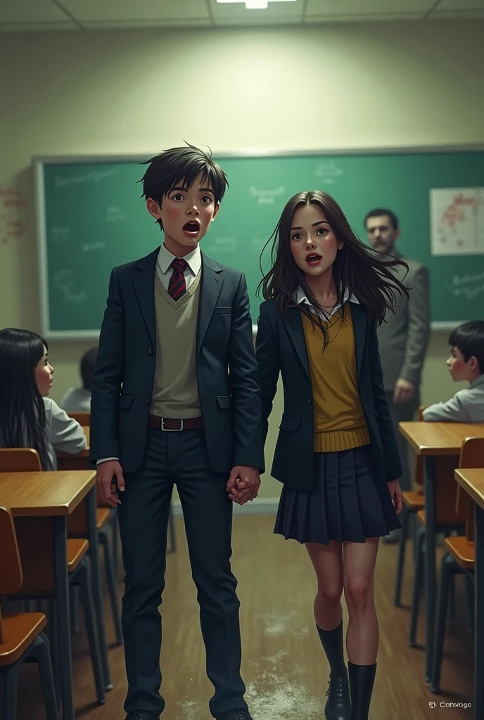 "A student who is wearing a uniform with a blazer and a girl who is with him are both in the classroom when a zombie attack happens."