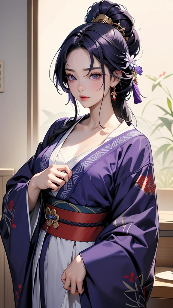 Overall image: The overall color tone of the Raiden Shogun is偏向 vine purple, which aligns with the symbolic color of the electro element, giving people a sense of dignity and majesty.
- Facial features: She has waist-length purple hair, braided into a long plait. The bangs are neat and soft, slightly parted from the left forehead. The long hair is not neatly tied up completely; instead, a wisp is left on the chest. Her pupil color is vine purple, and the eyelashes droop slightly. There is a tear mole on the left side of the eye. These features add a touch of tenderness to her originally stern temperament.
- Clothing and accessories: The Raiden Shogun wears a furisode kimono in a low-neck style. The parts that should originally be covered by the kimono are replaced with gradient close-fitting clothing. The bowknot-shaped accessory around the neck adds a few points of affability to her temperament. Her clothing has a single-sided furisode, breaking the convention of traditional kimonos and highlighting the beauty of asymmetry. The dark red obi makes the overall vine-colored clothing less monotonous. The gold and purple external decorations on it set off the main decoration, namely the purple gemstone engraved with the family crest pattern of the Raiden Shogun. The lower half of the kimono has also been modified for easier movement, changed from floor-length to a short hem. Combined with the wide and flowing back hem behind, the overall look retains dignity and grace.
- Hair accessories: The Raiden Shogun's hair is adorned with folding fan-shaped hair accessories and flowers, all of which are symbolic symbols of Inazuma. Folding fan-shaped headdresses and fish tail-shaped hairpins are not uncommon among noble women in the Japanese era. Paired with the golden tassels hanging between the hair accessories, it shows her noble posture even more.