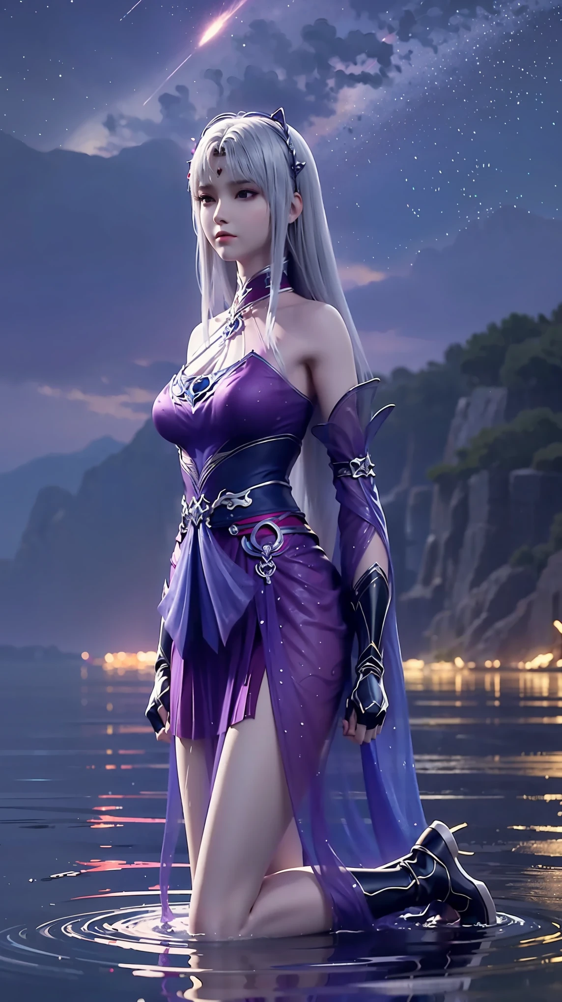 Cartoon woman kneeling on the starry sky, Water splashes at the knees,CG Social Trends, Smooth anime CG art, Starry sky background,Full body view,Royal sister kneeling posture
