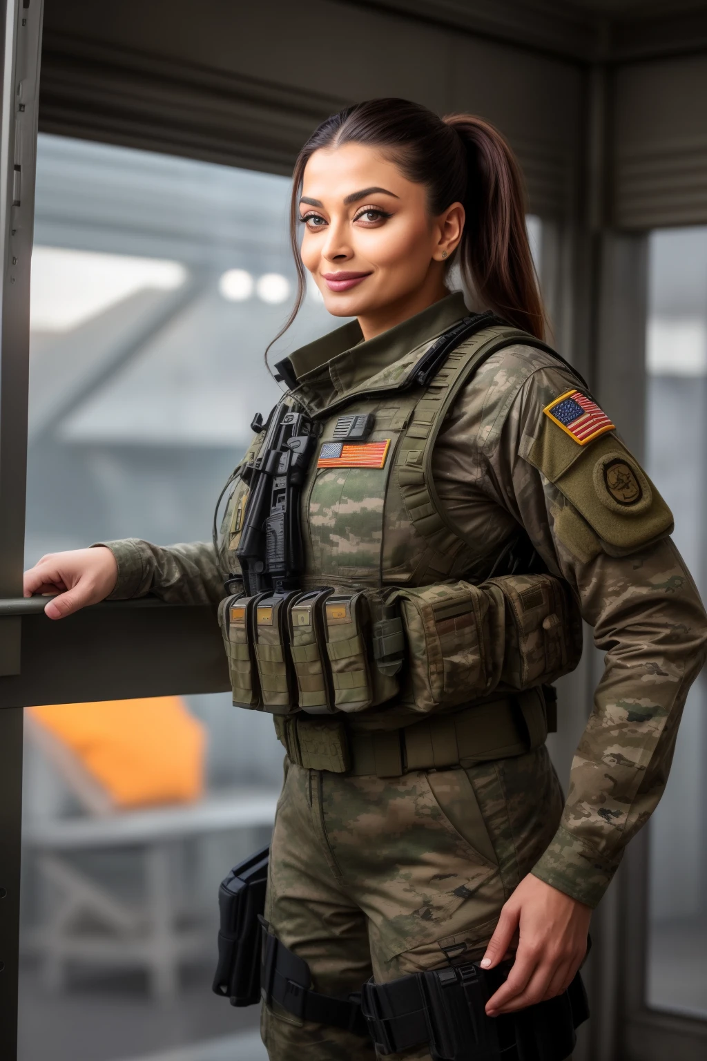 Full body photo of 50YO MATURE MILF AISHWARYA RAI as ARMY MILF, WEARING FULL ARMY GEAR, COMBAT BOOTS, COMBAT GLOVES, KNEEPADS, CAMO PLATE CARRIER RIG, intricate details, depth of field, standing next to army helicopter, ((MOCKING SMILE)), PONYTAIL TIED HAIR, day scene, mature hourglass figure, look straight at camera, sexy 50 yo mature MILF, soft volumetric lights, intricate details, (ArtStation:1.2)