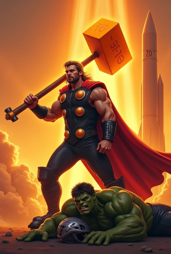 Make Thor with an orange sledgehammer with the number 70 and the Hulk lying on the ground with a cycling helmet and behind them an orange rocket in the background with the number 70