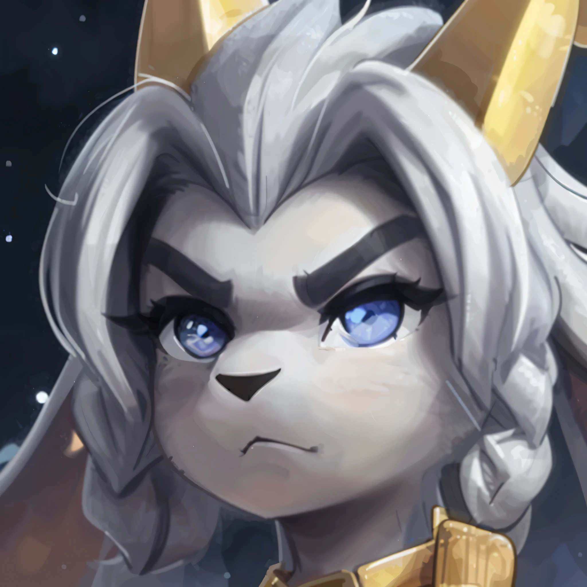 [sybil], [pseudoregalia], ((masterpiece)), ((HD)), ((high res)), ((solo portrait)), ((front view)), ((detailed fur)), ((cute cartoon aesthetic)), ((detailed shading)), {(female anthro goat), (athletic figure), (grey body fur), (black nose), (long droopy bunny ears), (fluffy hair), (yellow narly horns), (bushy dark grey eyebrows), (cute indigo eyes), (long grey eyelashes), (blank expression)}, {(looking at viewer)}, [ambient lighting, castle ruins, nighttime, moonlight]