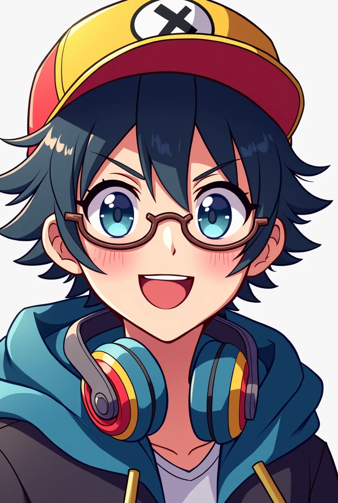 Generate me an avatar (masculine) anime style that is colorful and wears a cap, headphones and glasses, generalize it up to the waist, that his hands can be seen