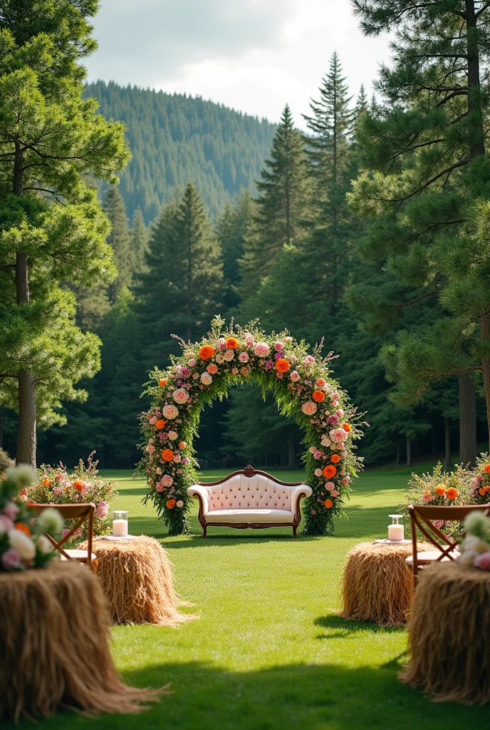 Ceremonie mariage dans un pré et clairière, foret en arriere plan, 140 personnes sont assises sur des bottes de pailles face a une arche en fleurs, les mariés marche au milieu en direction de l’arche de dos, devant l’arche une tribune et un canape