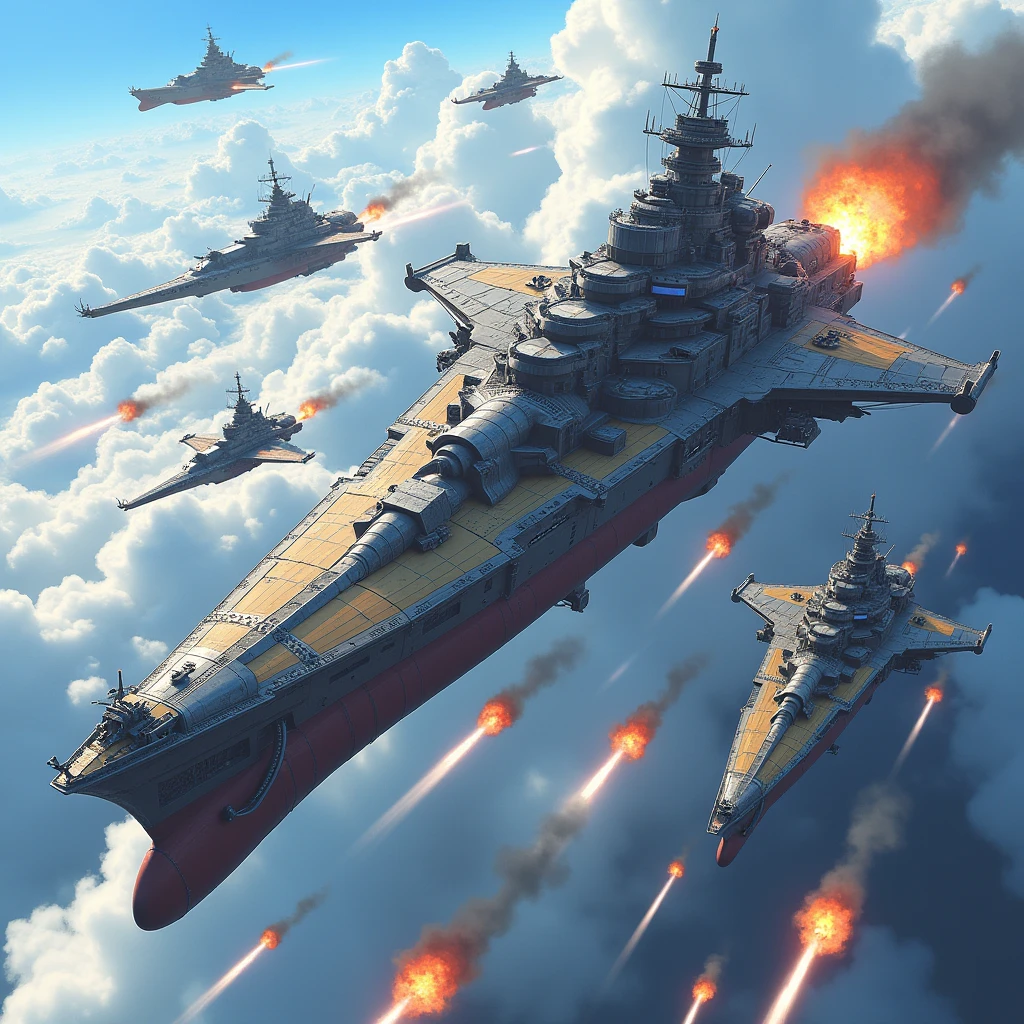 (Highest quality,Extremely detailed depiction,Incredible high resolution),Aerial戦艦:1.3,Flying Battleship,Goliath,propeller:1.3,Main gun:1.3,Armament,plane,explosion,Main gun発射,Dragon,background:Aerial,The world of steampunk,High quality anime drawings