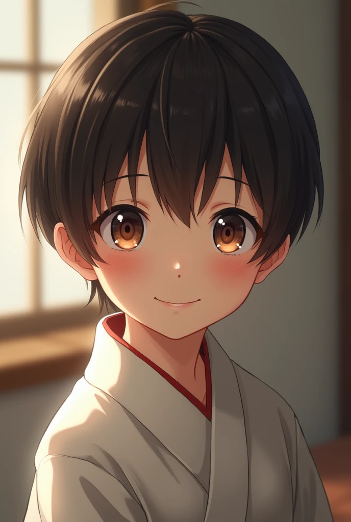 Highest quality, Face Focus, Soft Light, Ultra-high resolution, (Realistic:1.4), RAW Photos, 1 Japanese Boy, alone, cute, (A shy smile:0.5), (Brown eyes, Light in your eyes), Beautiful face in every detail, (Small box),(High resolution detail of human skin texture), (Short Bob Hair), break, In the classroom,kimono,