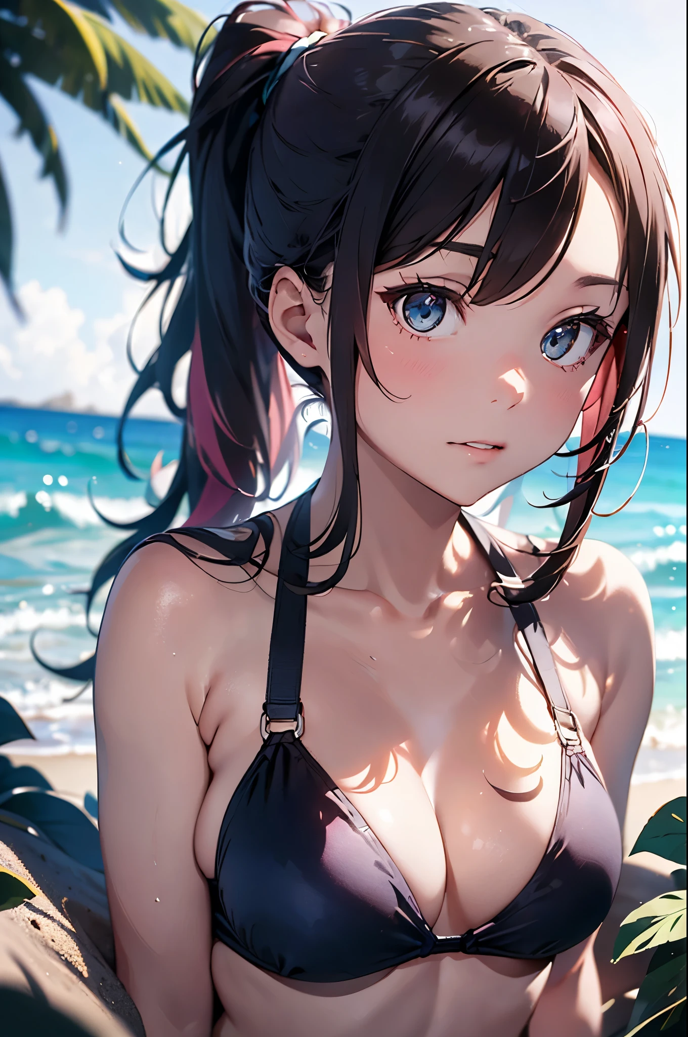 4K,8k,High resolution,Pink Swimsuit、
A pretty young woman,Pink Hair、ponytail、Pink Swimsuit、
(Soft Saturation:1.3), (Fair skin:1.2),
(ultra-Detailed Background, Detailed Background), Bokeh,
break'Smiling portrait.,
When viewed from the front, The composition is symmetrical,
Looking straight at you with serious eyes,
break Swimwear, White Bikini, Center of chest,
Outdoor, Sea surface, null, sunlight,Summer beach, Sandy Beach,
Strong light, Front lighting,
(:1.3), (Cowboy Shot:1.2),
Front brake angle,
View your audience,
Dynamic pose,
sitting on the beach
Wakame seaweed、Wakame seaweed、
Seaweed、Seaweed、Seaweed、Seaweed、Seaweed、Seaweed、Seaweed、