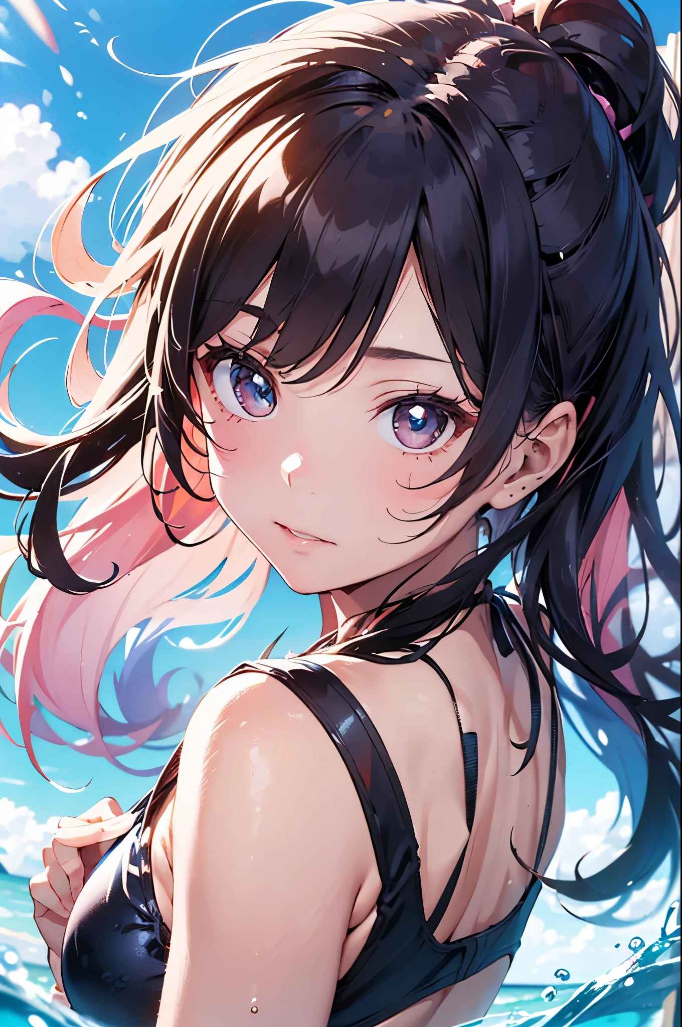 4K,8k,High resolution,Pink Swimsuit、
A pretty young woman,Pink Hair、ponytail、Pink Swimsuit、
(Soft Saturation:1.3), (Fair skin:1.2),
(ultra-Detailed Background, Detailed Background), Bokeh,
break'Smiling portrait.,
When viewed from the front, The composition is symmetrical,
Looking straight at you with serious eyes,
break Swimwear, White Bikini, Center of chest,
Outdoor, Sea surface, null, sunlight,Summer beach, Sandy Beach,
Strong light, Front lighting,
(:1.3), (Cowboy Shot:1.2),
Front brake angle,
View your audience,
Dynamic pose,
sitting on the beach
Wakame seaweed、Wakame seaweed、
Seaweed、Seaweed、Seaweed、Seaweed、Seaweed、Seaweed、Seaweed、