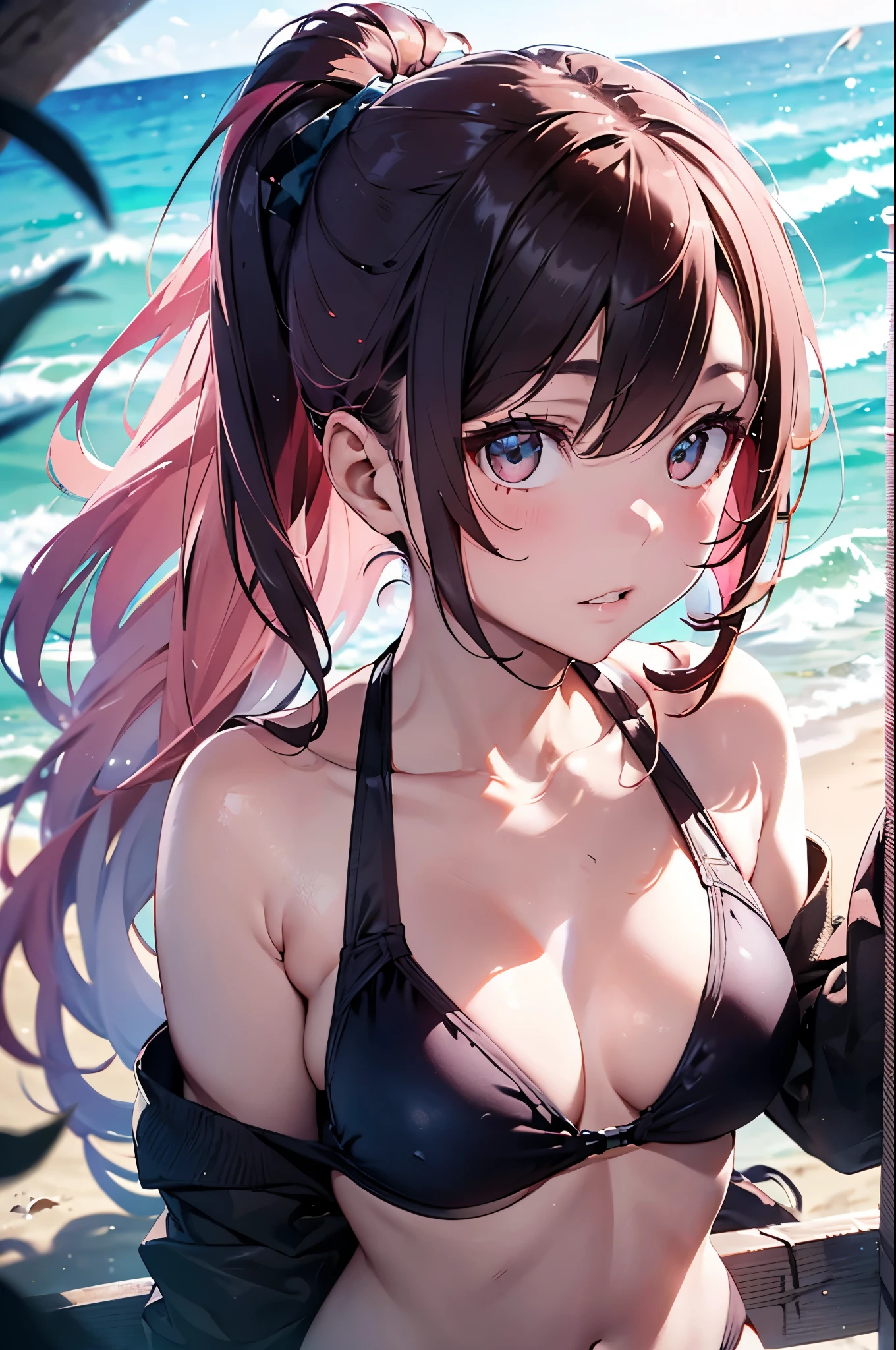 4K,8k,High resolution,Pink Swimsuit、
A pretty young woman,Pink Hair、ponytail、Pink Swimsuit、
(Soft Saturation:1.3), (Fair skin:1.2),
(ultra-Detailed Background, Detailed Background), Bokeh,
break'Smiling portrait.,
When viewed from the front, The composition is symmetrical,
Looking straight at you with serious eyes,
break Swimwear, White Bikini, Center of chest,
Outdoor, Sea surface, null, sunlight,Summer beach, Sandy Beach,
Strong light, Front lighting,
(:1.3), (Cowboy Shot:1.2),
Front brake angle,
View your audience,
Dynamic pose,
sitting on the beach
Wakame seaweed、Wakame seaweed、
Seaweed、Seaweed、Seaweed、Seaweed、Seaweed、Seaweed、Seaweed、