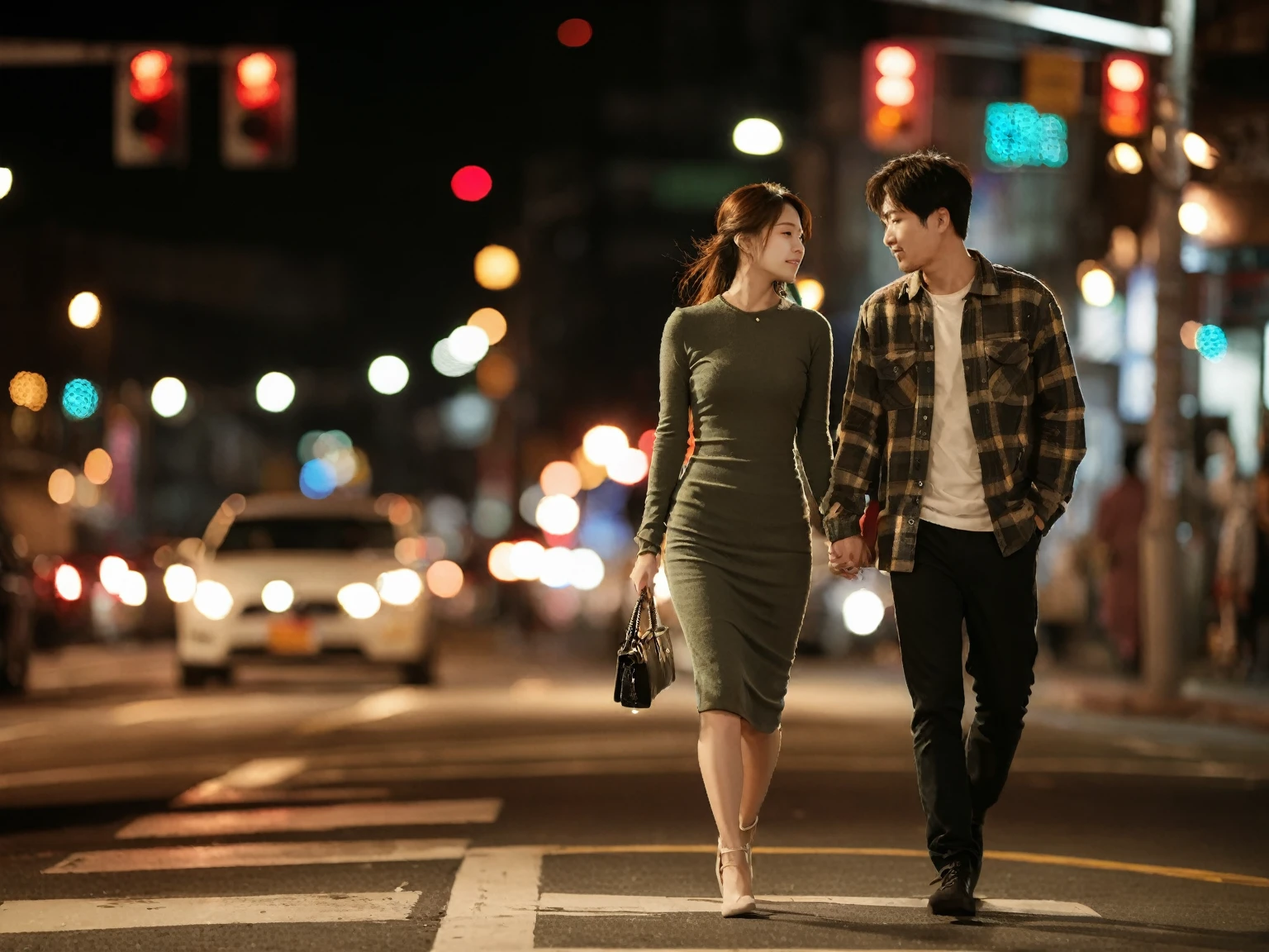 rompts
Copy
A striking, ultra-detailed image of a young Korean couple strolling hand-in-hand on a bustling night street. The man is dressed in a cozy flannel shirt, while the woman is clad in a stylish, form-fitting dress. The city lights and traffic signals illuminate their surroundings, casting a warm, inviting glow. The couple's expressions convey a deep connection and passion, as they share a tender moment in the vibrant urban setting.