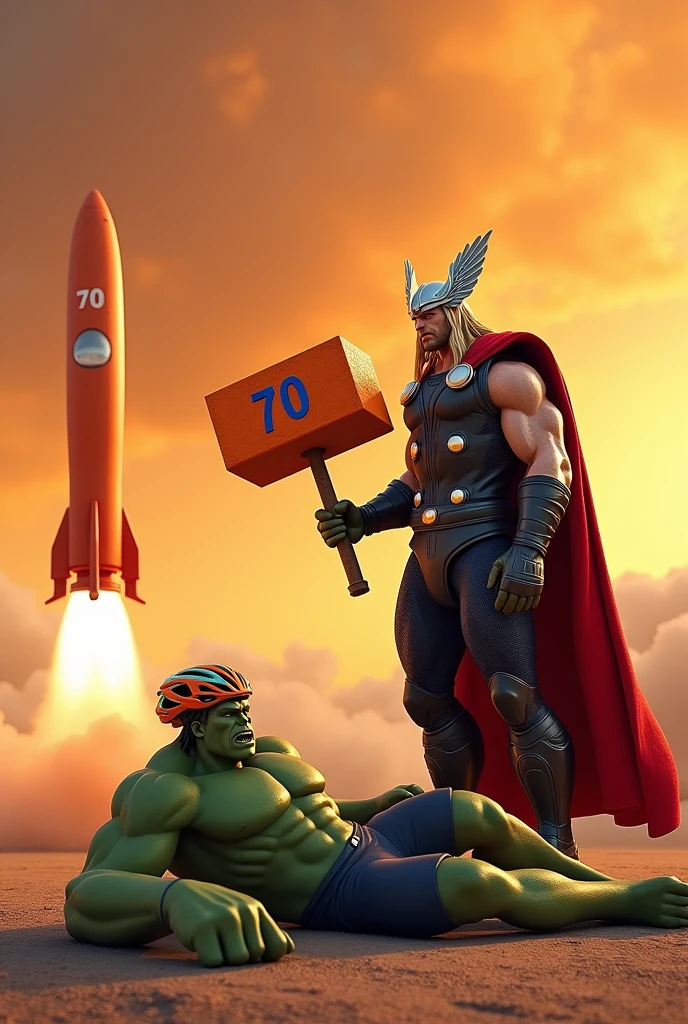 Make Thor with an orange sledgehammer with the number 70 and the Hulk lying on the ground with a bicycle helmet on his head and behind them an orange rocket in the background with the number 70