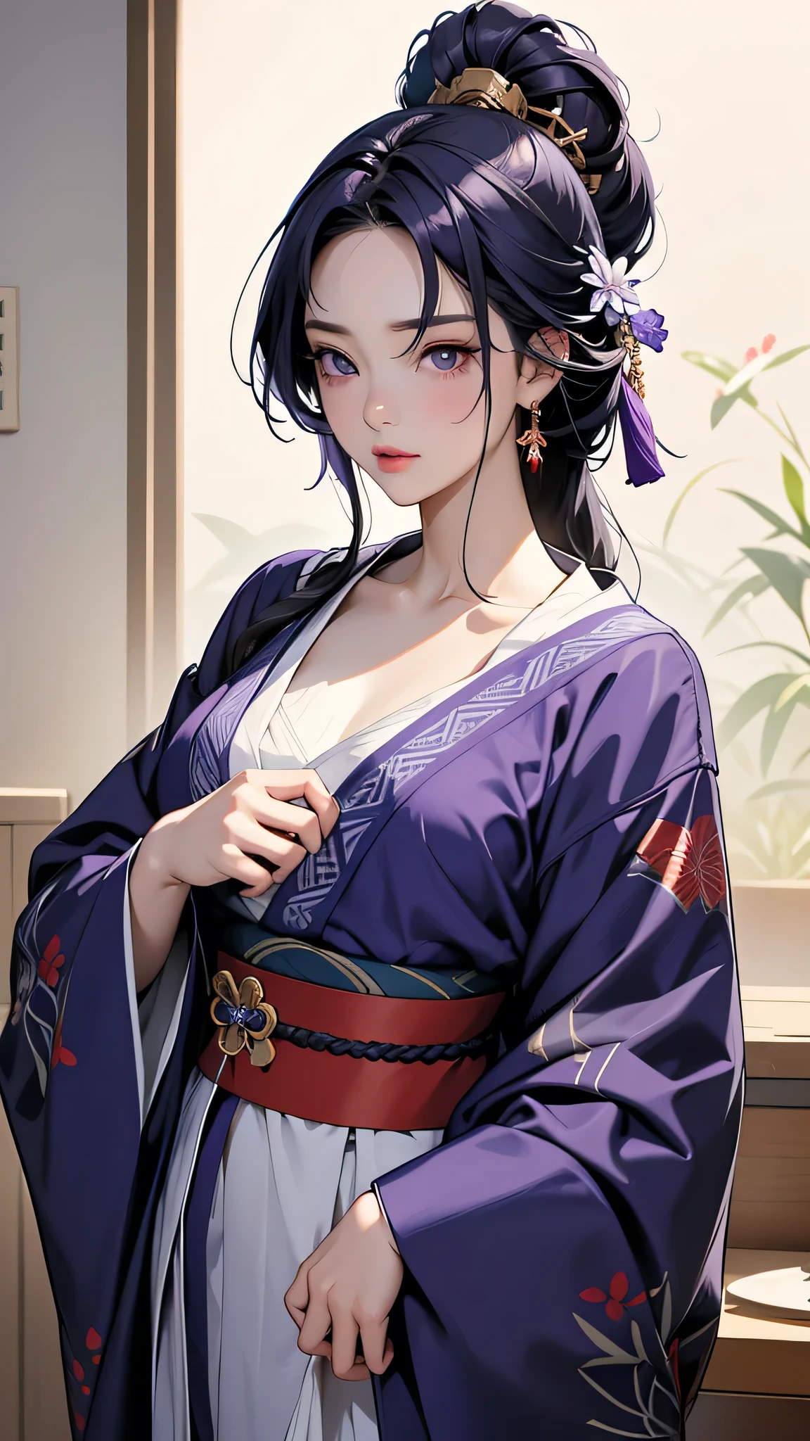 Overall image: The overall color tone of the Raiden Shogun is偏向 vine purple, which aligns with the symbolic color of the electro element, giving people a sense of dignity and majesty.
- Facial features: She has waist-length purple hair, braided into a long plait. The bangs are neat and soft, slightly parted from the left forehead. The long hair is not neatly tied up completely; instead, a wisp is left on the chest. Her pupil color is vine purple, and the eyelashes droop slightly. There is a tear mole on the left side of the eye. These features add a touch of tenderness to her originally stern temperament.
- Clothing and accessories: The Raiden Shogun wears a furisode kimono in a low-neck style. The parts that should originally be covered by the kimono are replaced with gradient close-fitting clothing. The bowknot-shaped accessory around the neck adds a few points of affability to her temperament. Her clothing has a single-sided furisode, breaking the convention of traditional kimonos and highlighting the beauty of asymmetry. The dark red obi makes the overall vine-colored clothing less monotonous. The gold and purple external decorations on it set off the main decoration, namely the purple gemstone engraved with the family crest pattern of the Raiden Shogun. The lower half of the kimono has also been modified for easier movement, changed from floor-length to a short hem. Combined with the wide and flowing back hem behind, the overall look retains dignity and grace.
- Hair accessories: The Raiden Shogun's hair is adorned with folding fan-shaped hair accessories and flowers, all of which are symbolic symbols of Inazuma. Folding fan-shaped headdresses and fish tail-shaped hairpins are not uncommon among noble women in the Japanese era. Paired with the golden tassels hanging between the hair accessories, it shows her noble posture even more.