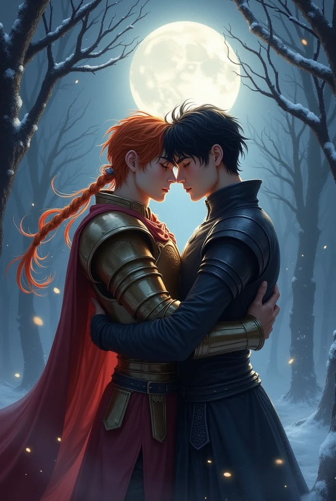 Yeonjun, with his deep and unruly orange hair, sports a pure look and an angelic face. He wears bronze armor and a silk cape that flutters in the wind. In his arms, Christopher hugs him tightly, dispelling his fears in the cold night that surrounds them. Christopher's ink-black hair contrasts with his dark armor. The full moon bathes their faces in a silver light, while the wind whispers a melody of love between the branches of the trees. Two men. 