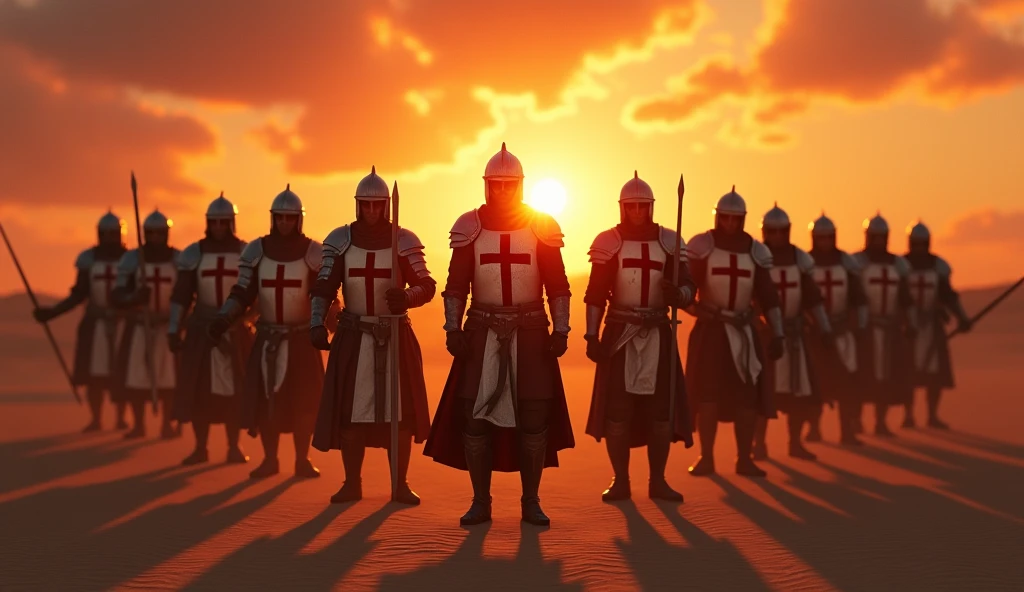 A highly realistic, high-contrast, 8K HD, detailed, hyper-detailed image of the protagonist and a group of Crusaders standing in a desert at sunset, holding their swords and looking directly towards the viewer, clad in steel armor with red cross emblems on their chests, the warm, golden light of the setting sun casting long shadows across the sand, the sky ablaze with vibrant hues of orange and red, creating a dramatic and powerful atmosphere, ultra-high resolution, RAW photo quality, Unreal Engine rendering, capturing the intense determination and unity of the Crusaders as they face their destiny under the evening sky.