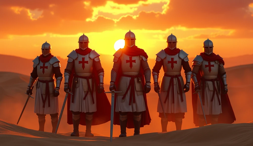 A highly realistic, high-contrast, 8K HD, detailed, hyper-detailed image of the protagonist and a group of Crusaders standing in a desert at sunset, holding their swords and looking directly towards the viewer, clad in steel armor with red cross emblems on their chests, the warm, golden light of the setting sun casting long shadows across the sand, the sky ablaze with vibrant hues of orange and red, creating a dramatic and powerful atmosphere, ultra-high resolution, RAW photo quality, Unreal Engine rendering, capturing the intense determination and unity of the Crusaders as they face their destiny under the evening sky.
