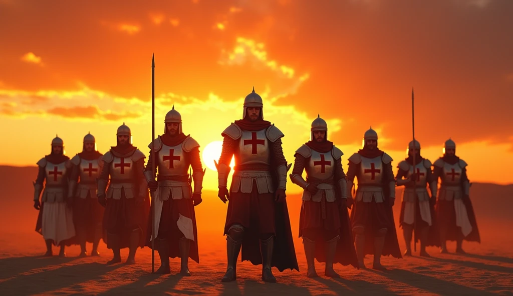 A highly realistic, high-contrast, 8K HD, detailed, hyper-detailed image of the protagonist and a group of Crusaders standing in a desert at sunset, holding their swords and looking directly towards the viewer, clad in steel armor with red cross emblems on their chests, the warm, golden light of the setting sun casting long shadows across the sand, the sky ablaze with vibrant hues of orange and red, creating a dramatic and powerful atmosphere, ultra-high resolution, RAW photo quality, Unreal Engine rendering, capturing the intense determination and unity of the Crusaders as they face their destiny under the evening sky.
