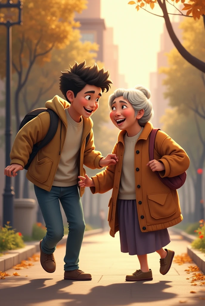 **Visual 3:**
- *Description:* A young man, who notices the elderly woman’s stumble, quickly rushes forward and catches her just in time before she falls.
- *Focus:* The young man’s quick reaction, his hands gently holding the elderly woman, and her relieved expression