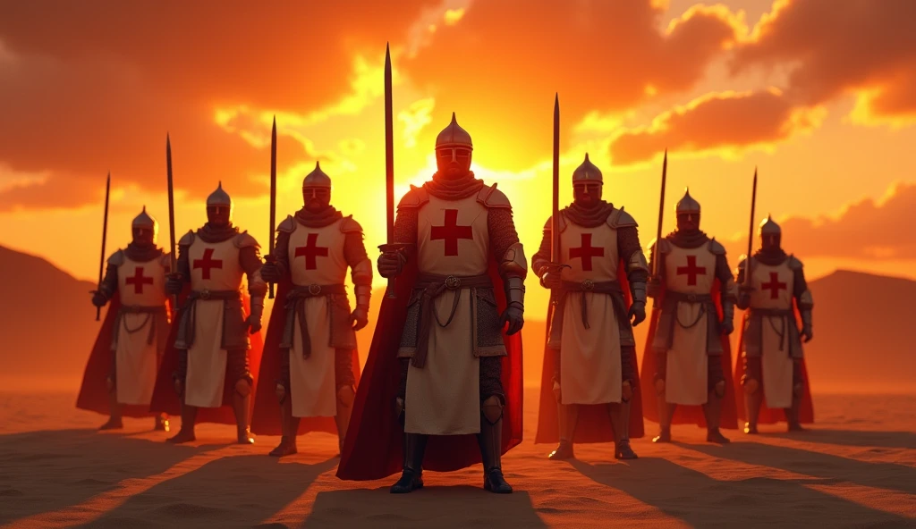 A highly realistic, high-contrast, 8K HD, detailed, hyper-detailed image of the protagonist and a group of Crusaders standing in a desert at sunset, holding their swords and looking directly towards the viewer, clad in steel armor with red cross emblems on their chests, the warm, golden light of the setting sun casting long shadows across the sand, the sky ablaze with vibrant hues of orange and red, creating a dramatic and powerful atmosphere, ultra-high resolution, RAW photo quality, Unreal Engine rendering, capturing the intense determination and unity of the Crusaders as they face their destiny under the evening sky.
