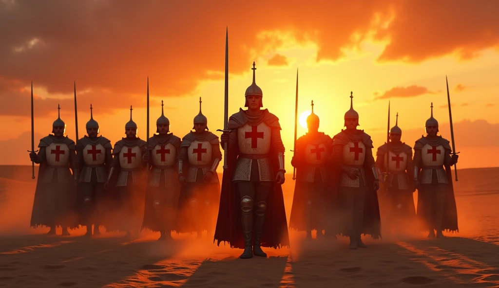 A highly realistic, high-contrast, 8K HD, detailed, hyper-detailed image of the protagonist and a group of Crusaders standing in a desert at sunset, holding their swords and looking directly towards the viewer, clad in steel armor with red cross emblems on their chests, the warm, golden light of the setting sun casting long shadows across the sand, the sky ablaze with vibrant hues of orange and red, creating a dramatic and powerful atmosphere, ultra-high resolution, RAW photo quality, Unreal Engine rendering, capturing the intense determination and unity of the Crusaders as they face their destiny under the evening sky.
