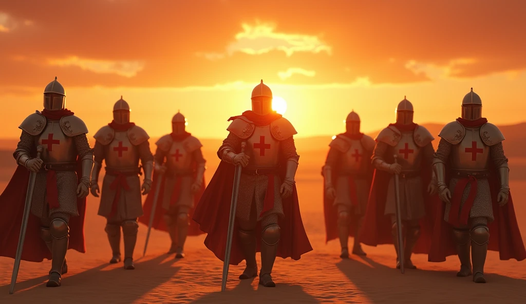 A highly realistic, high-contrast, 8K HD, detailed, hyper-detailed image of the protagonist and a group of Crusaders standing in a desert at sunset, holding their swords and looking directly towards the viewer, clad in steel armor with red cross emblems on their chests, the warm, golden light of the setting sun casting long shadows across the sand, the sky ablaze with vibrant hues of orange and red, creating a dramatic and powerful atmosphere, ultra-high resolution, RAW photo quality, Unreal Engine rendering, capturing the intense determination and unity of the Crusaders as they face their destiny under the evening sky.
