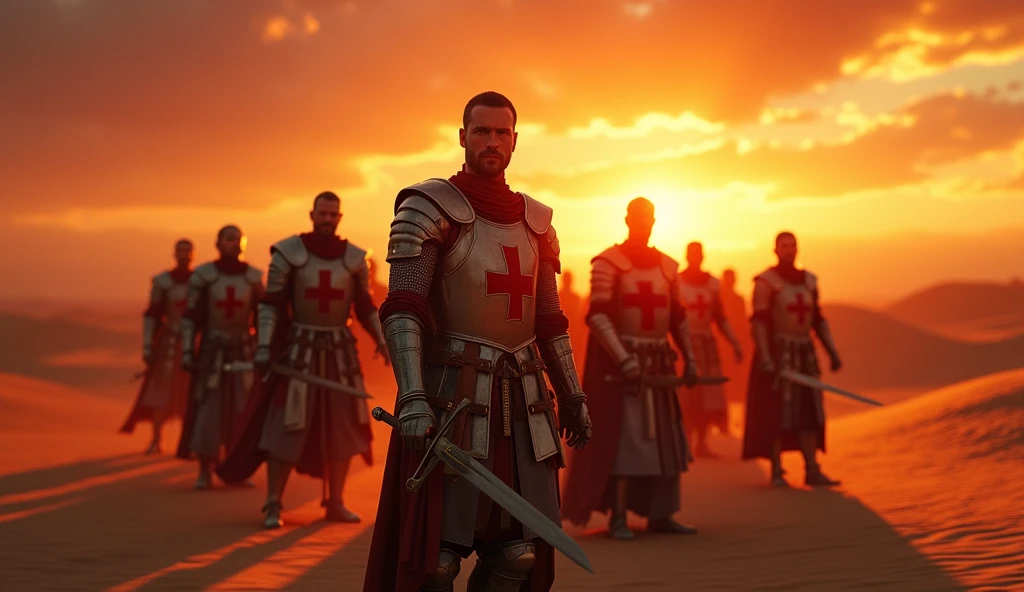 A highly realistic, high-contrast, 8K HD, detailed, hyper-detailed image of the protagonist and a group of Crusaders standing in a desert at sunset, holding their swords and looking directly towards the viewer, clad in steel armor with red cross emblems on their chests, the warm, golden light of the setting sun casting long shadows across the sand, the sky ablaze with vibrant hues of orange and red, creating a dramatic and powerful atmosphere, ultra-high resolution, RAW photo quality, Unreal Engine rendering, capturing the intense determination and unity of the Crusaders as they face their destiny under the evening sky.
