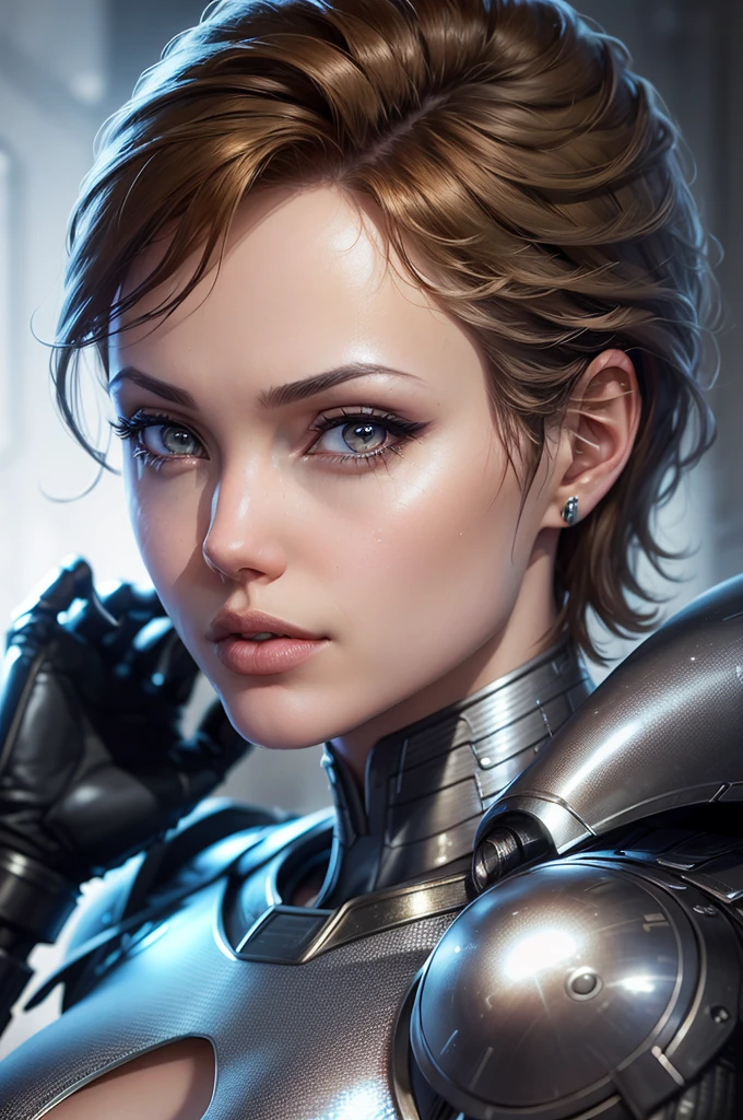 (Best quality,8 K:1.2,a high resolution:1.2),ultra detailed,realistic,retro sci-fi female superhero,short hair,very detailed face,long eyelashes,shiny metal chrome armor, tight,gloves,physically based rendering,Sharp Focus,white studio lighting
