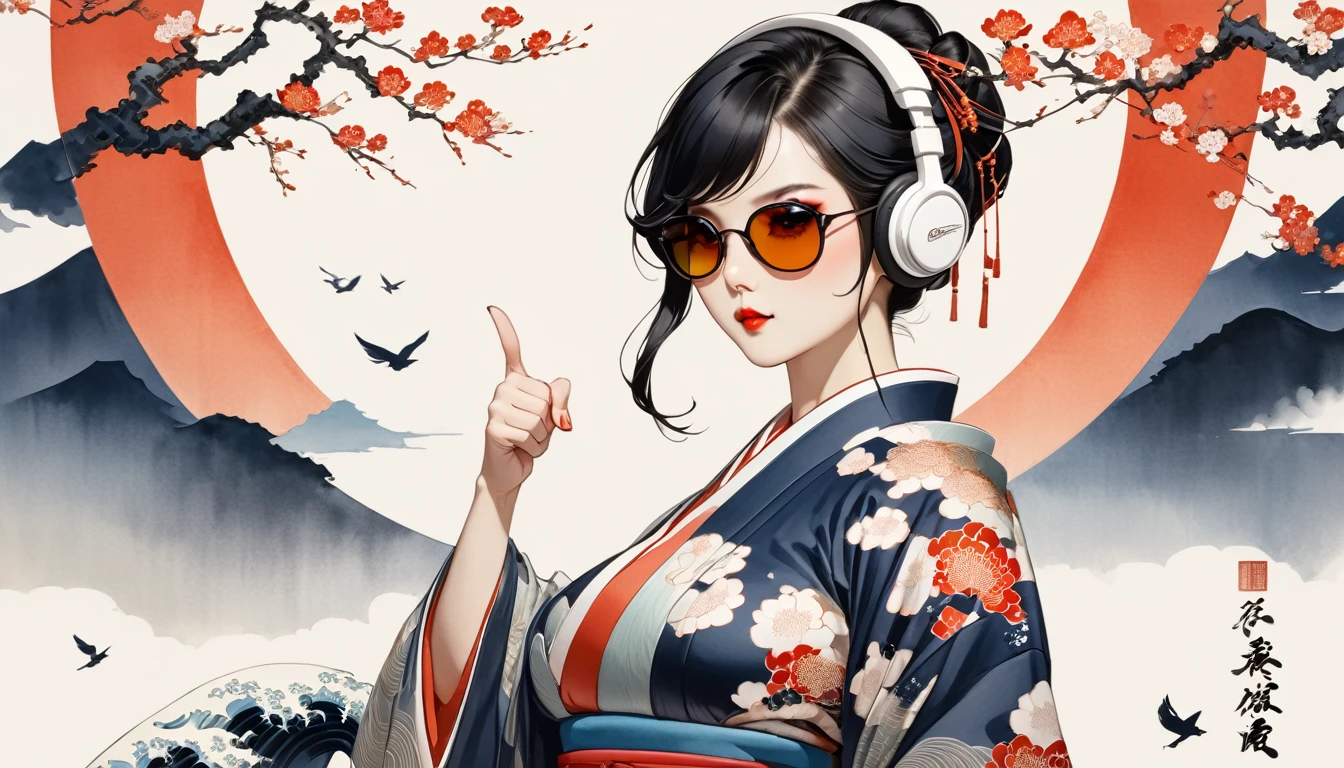 Ink Painting, (((1 girl))), (((music festival))), sunglasses, Japanese style headphones, Japanese beauty, (((Finger guns))),Black Hair, big breast,Delicate and precise, Modern ukiyo-e style, VIBRANT color