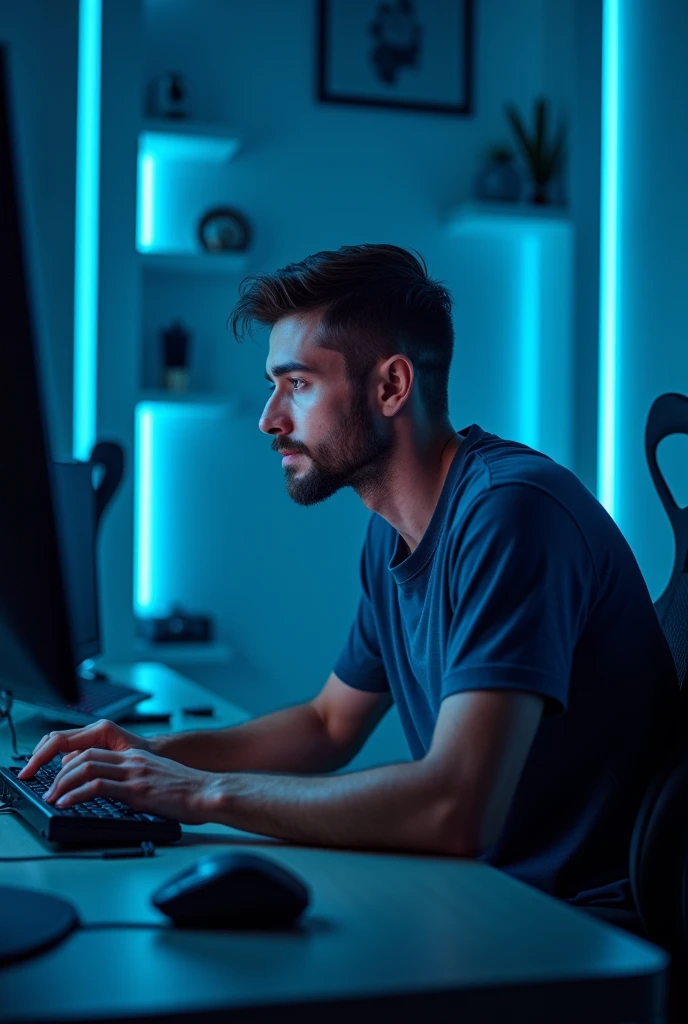 A handsome man around 2 in a modern gaming room illuminated by blue LEDs. He is sitting in front of a gaming desk, focused on the computer screen, with a detailed and well-lit environment quality 4k realistic