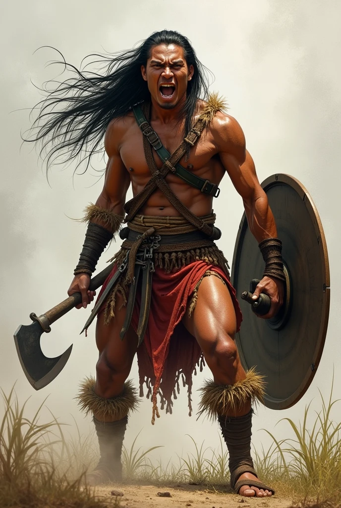 Long hair Filipino igorot in his traditional weaved cloth igorot attire but no accessories, fighting position facing 3/4 left holding bolo and shield, open mouth shouting 