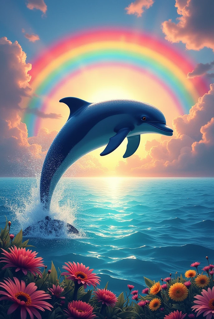 Dolphin jumping out of the sea with a colorful sky with rainbow and lots of flowers