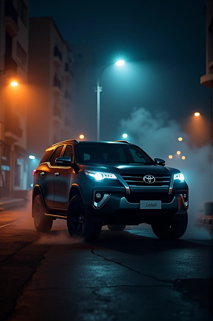 Black fortuner at night street lighting with smoke
