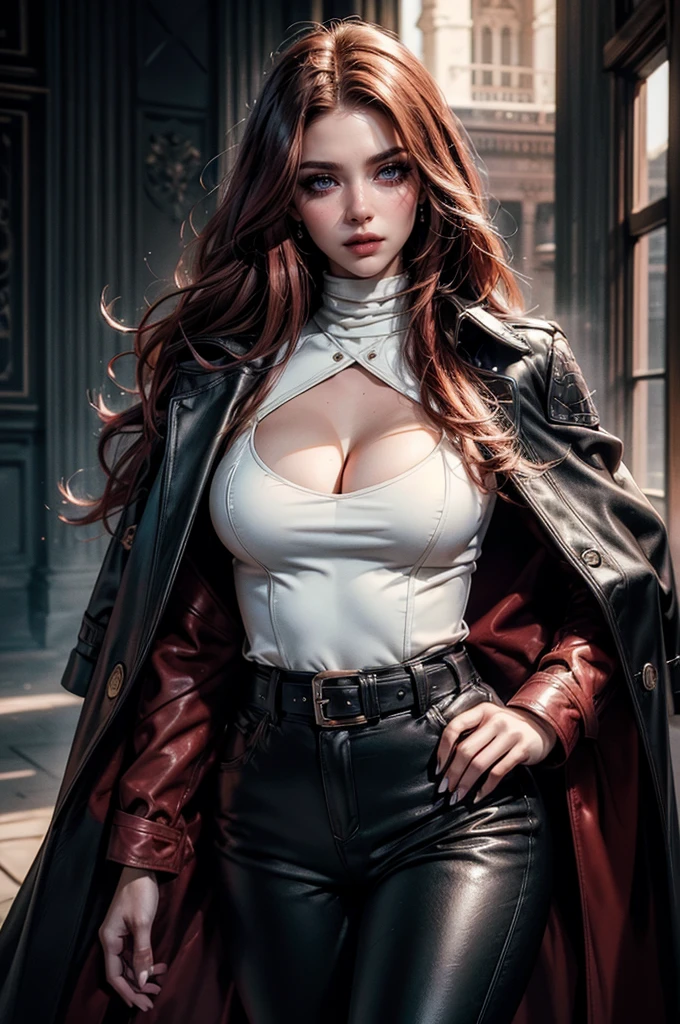 (cowboy shot), a beautiful young woman with long red hair, lora_Emma, ((black high waist high quality luxury leather pants)), ((formal high quality white top with cleavage)), wide decorative waist belt, ((white fur coat)), reflective silk scarf, (red shaded sunglasses), (best quality,4k,8k,highres,masterpiece:1.2),ultra-detailed,(realistic,photorealistic,photo-realistic:1.37),detailed face, detailed eyes, detailed lips, long eyelashes, beauty, fashion, portrait, glamorous, elegant, studio lighting, dramatic lighting, high contrast, vivid colors, cinematic, ((coat on shoulders))