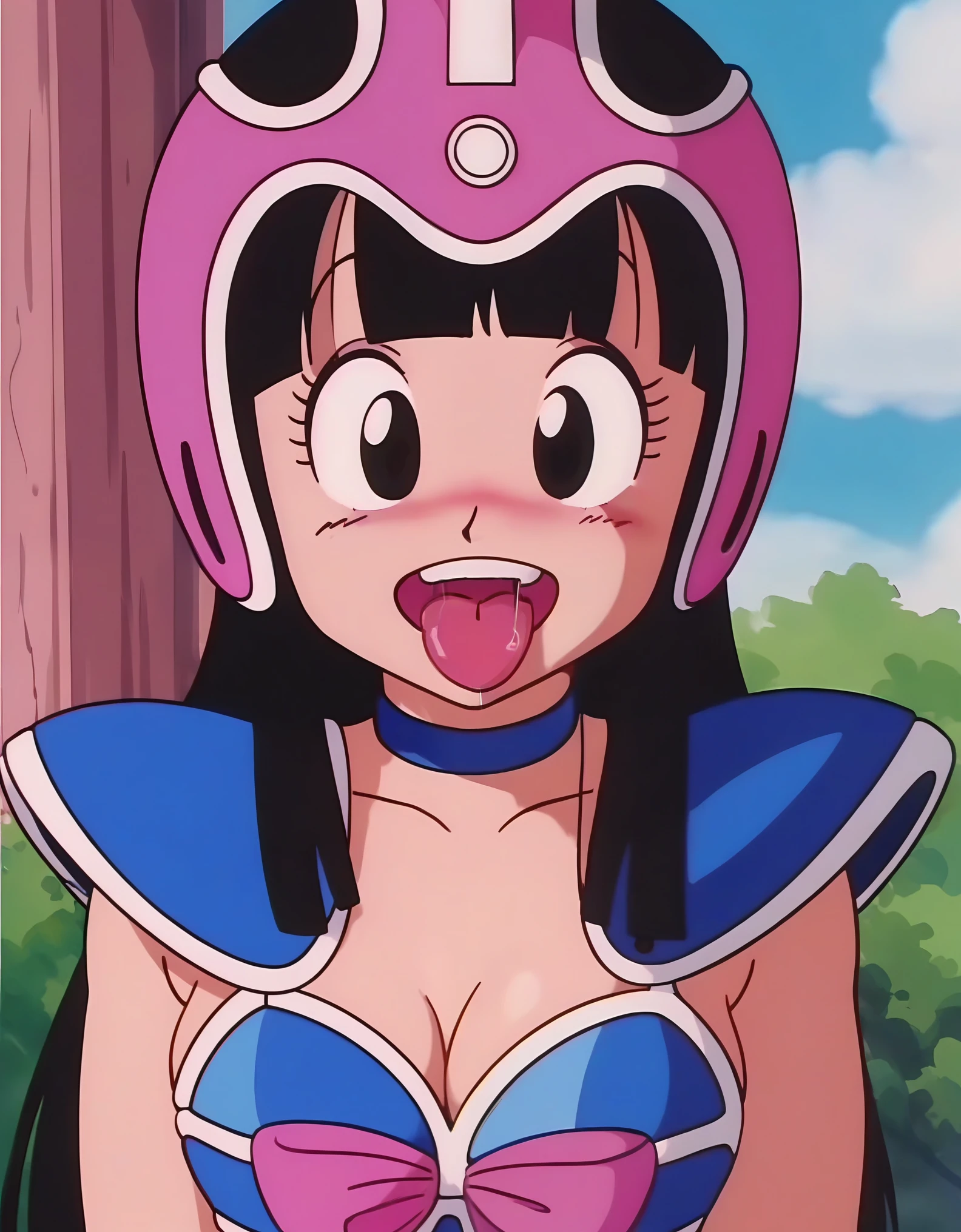 source_anime, score_9, score_8_up, score_7_up, anime screencap,8k, absurdres,
chi-chi, aged down, blue outfit, female , 1girl, 1 big fat old man, long hair, looking at viewer, smile, tongue out, spit into the mouth, bangs, black hair, collarbone, upper body, outdoors, sky, pink headwear, blunt bangs, black eyes, helmet, green cape, close-up, pauldrons, blue choker, nude, medium ass, medium breasts, showing the ass, from behind, tits, blushing, cum, vagina, open mouth, oral sex,  big fat old man oral sex