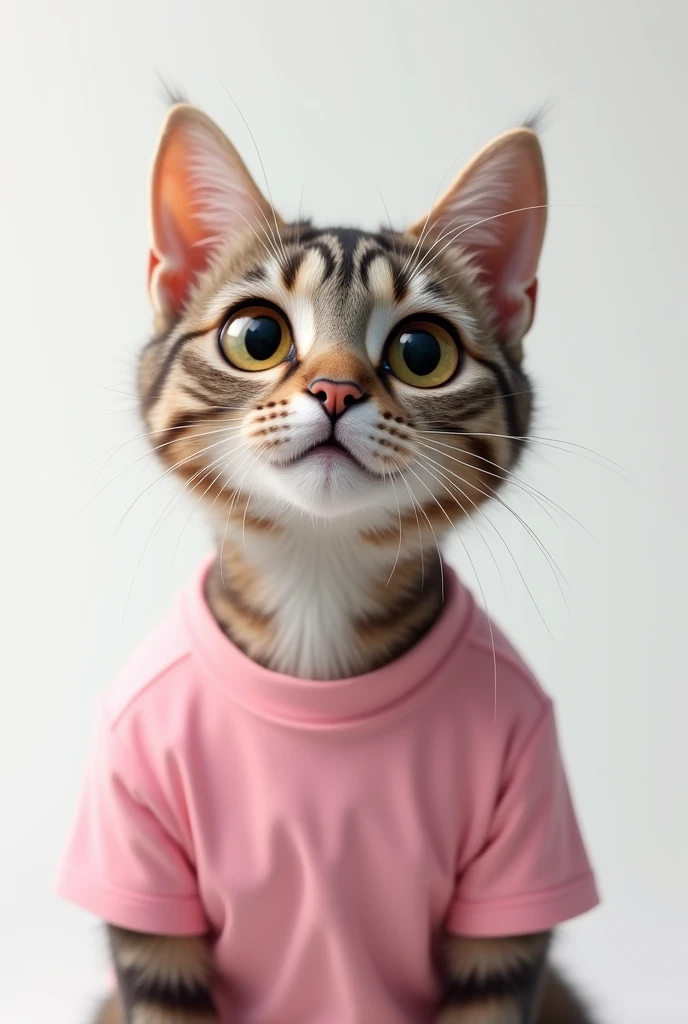 "A adult female cat. Looking straight ahead wearing pink  t-shirt. Background white. Cat's face surprise and looking to her right 