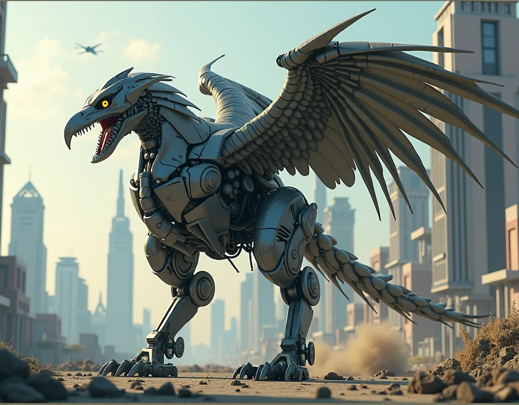 A cinematic medium shot of a hyper-realistic painting of a large gryphon bio-nano composite battle exoskeleton. Theexoskeleton has multiple weapon systems, including a large cannon, a minigun, and a rocket launcher. The background contains a futuristic city with tall buildings, some of which have been damaged. The image has a cinematic lighting.