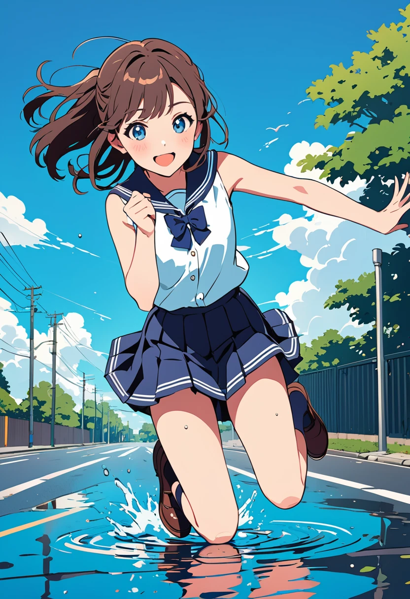 (masterpiece, best quality),simple art,flatcolor,cute Girl jumping into a puddle,puddle on the road, diving, street, school-uniform,blue background, extraordinary, summer,refreshing,