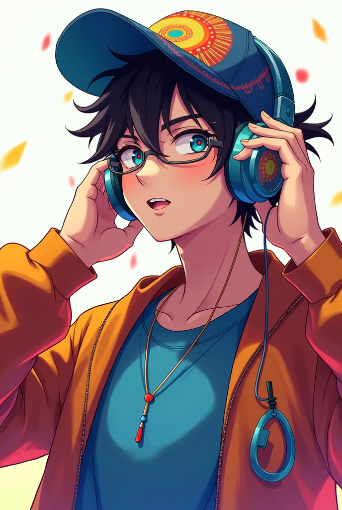 Generate me an avatar (man) anime style that is colorful and wears a cap, headphones and glasses, generalize it up to the waist, that his hands can be seen