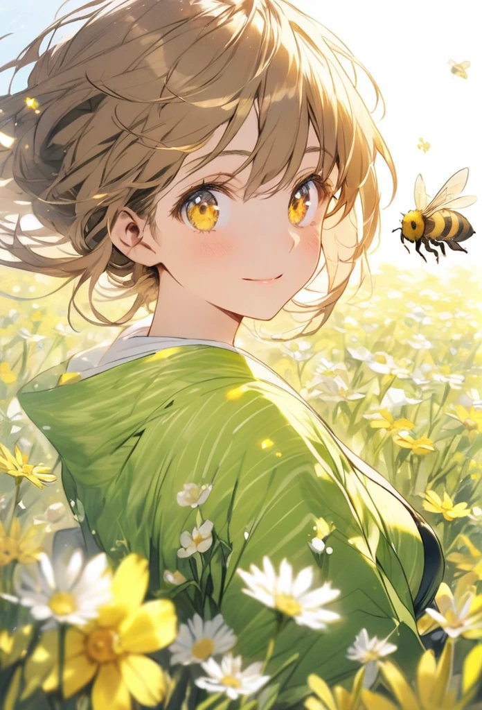 Brown Hair,Yellow Eyes,long,I have yellow-green flowers,White and green flower field,high resolution,There are bees