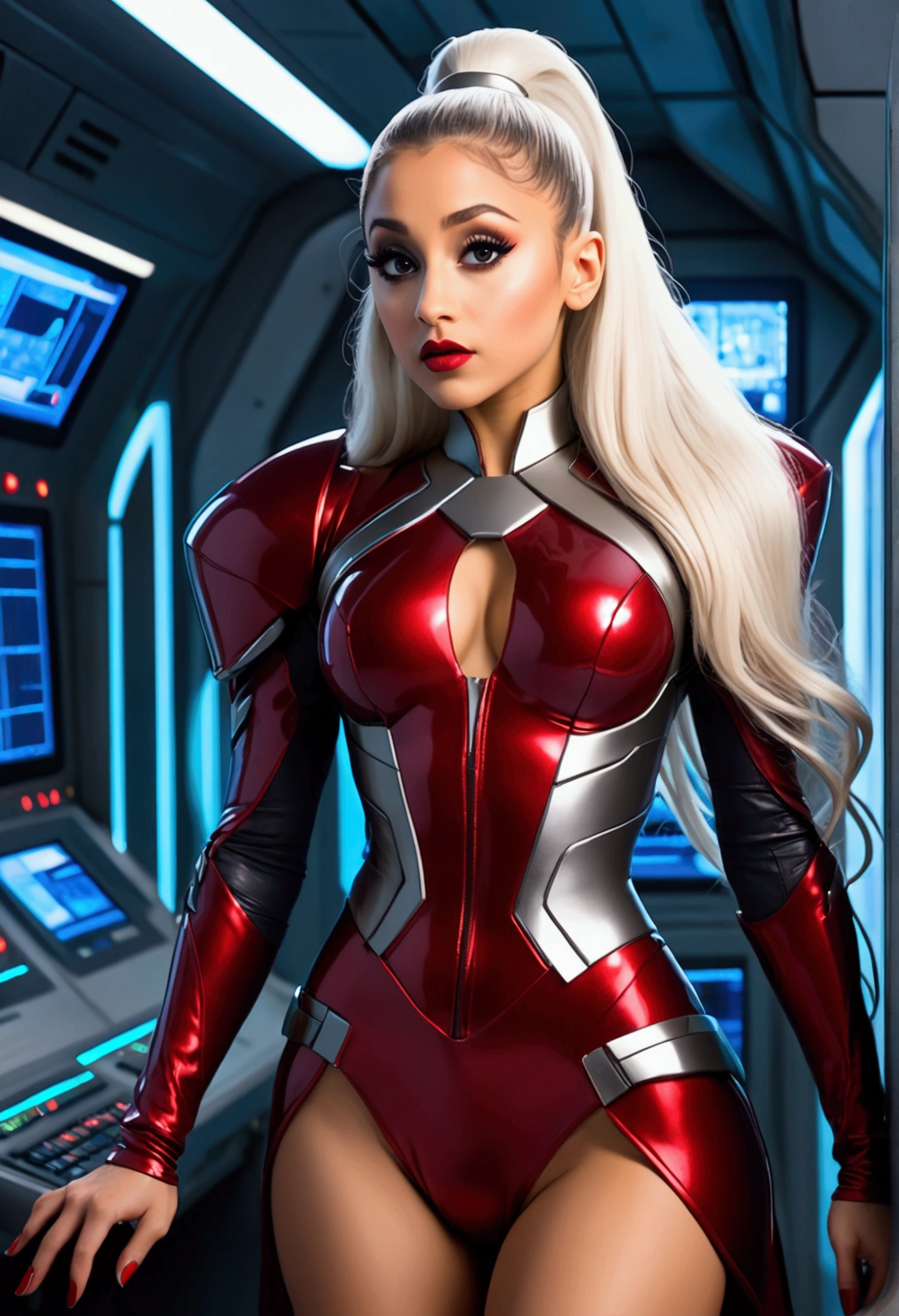 (Full body shot Ariana Grande), (really really long brunette blonde almost white hair), (strong muscular thighs), (dark red glossy lips), (soft eye shadow long eyeliner), (long sharp red nails), (futuristic female sci-fi warrior princess tiny outfit), no earrings, no earrings, no earrings, no jewels, (warrior pose in a really humongous modern spaceship computer complex facility), (fierce expression), (neon lights), (dark ambience). No faces on her chest!