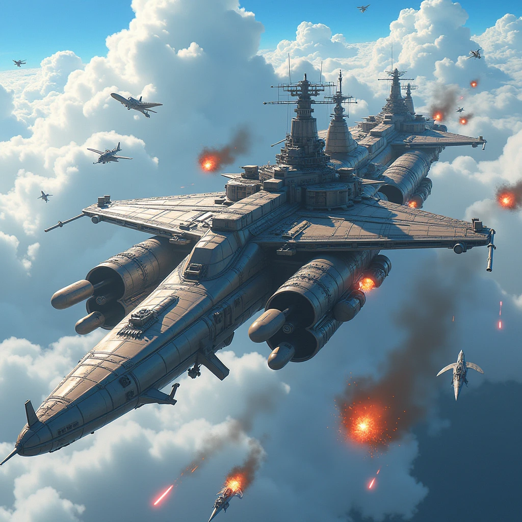 (Highest quality,Extremely detailed depiction,Incredible high resolution),Aerial戦艦:1.3,Flying Battleship,Goliath,propeller:1.3,Main gun:1.3,Armament,plane,explosion,Main gun発射,Dragon,background:Aerial,The world of steampunk,High quality anime drawings