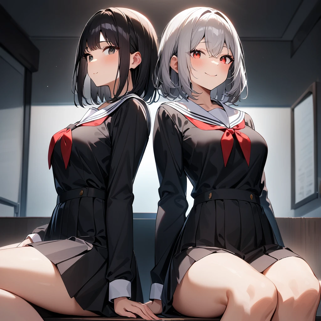 (2girls),adult,smile,school_uniform,White sailor,bareLegs,feet,barefoot,medium hair.black hair,gray hair,black eyes,red eyes,medium_breasts,breasts,masterpiece, best quality, very aesthetic, absurdres,front View,(straight-on),side by side,light,dynamic angles,(masterpiece, best quality, very aesthetic, absurdres),sitting