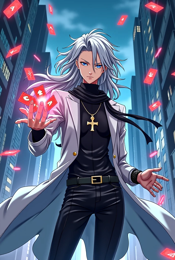 create an anime character with appearance and clothes like that of gojou satori from jujutsu kaizen where his main weapon is the use of cards like tulbacaim from hellsing