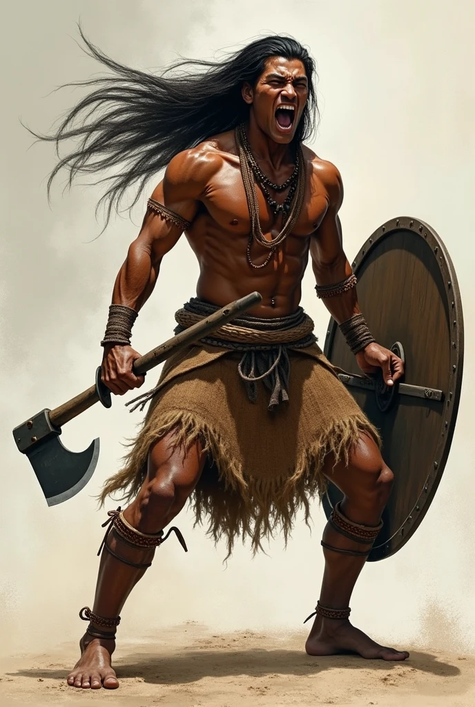Long hair Filipino igorot in his traditional weaved cloth igorot attire but no accessories, fighting position facing 3/4 left holding bolo and shield, open mouth shouting