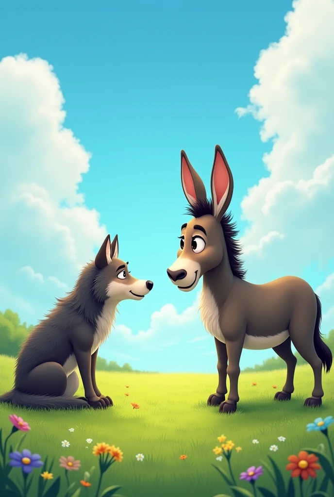 The donkey said to the wolf on the lawn