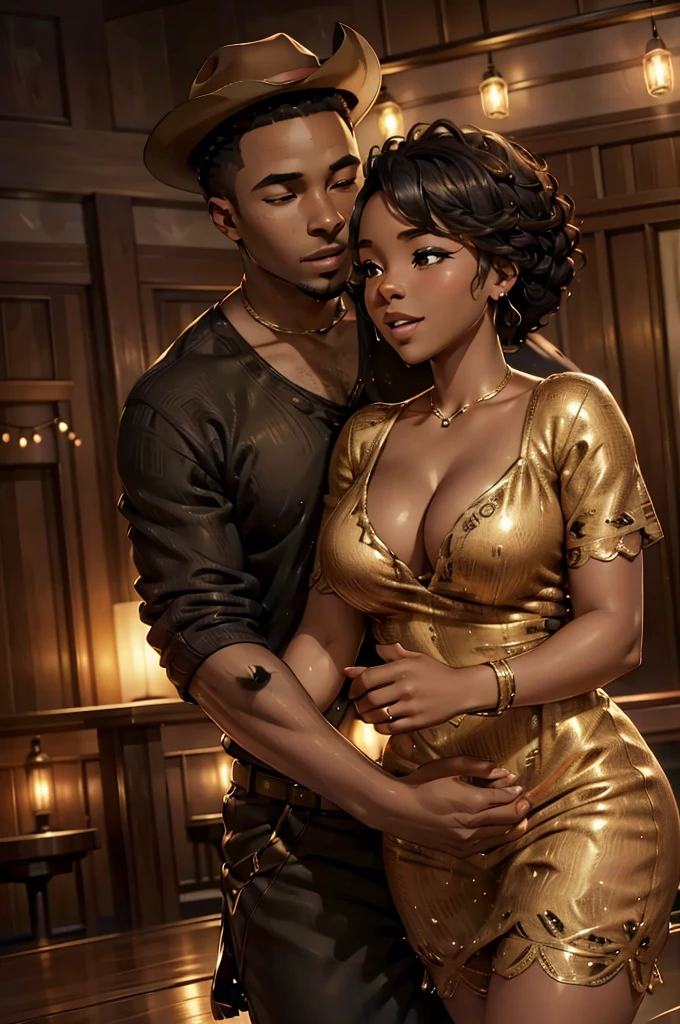 A beautifully radiant African American couple, moving gracefully amidst the rural setting, their laughter filling the air as they dance under the warm glow of hanging lights. Clad in stylish western wear, their passion and love for each other evident in every step. The scene captures a moment of pure joy and romance, exuding a sense of intimacy and happiness. This vividly detailed photograph perfectly portrays the couple's connection and the atmosphere of the romantic country dance.